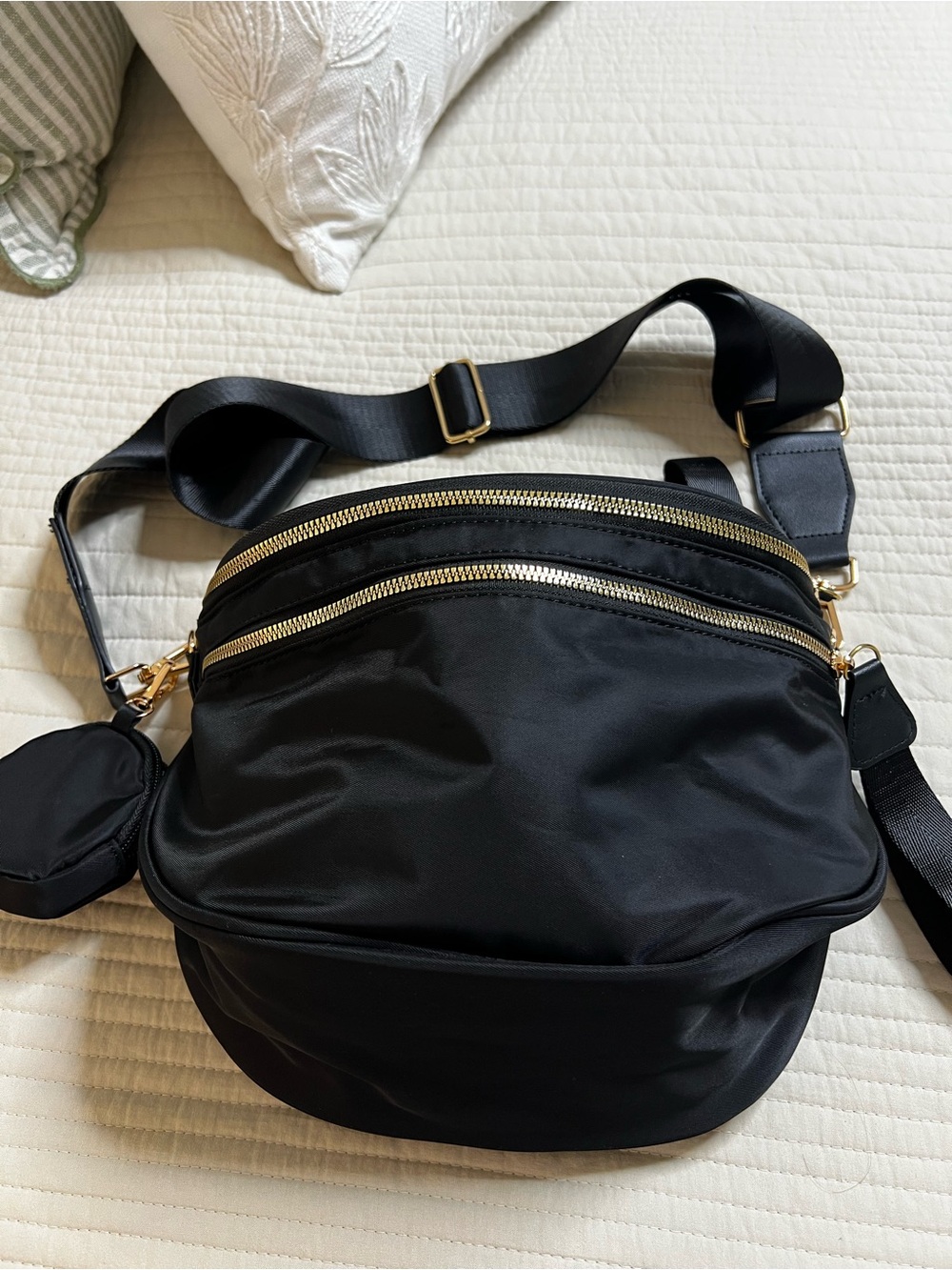 Black Nylon Crossbody Sling Bag with Gold Zippers